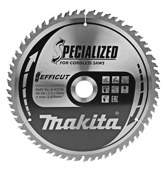 Makita Accessoires B-67290 Afkortzaagblad Efficut Hout 260x30x2,15 80T 10g