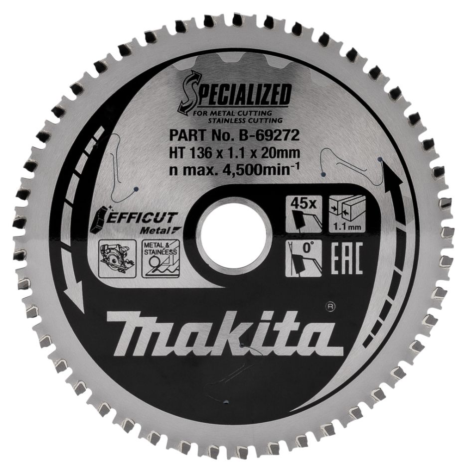 Makita Accessoires B-69319 Cirkelzaagblad voor RVS Efficut 136 x 20 x 1,1 45T