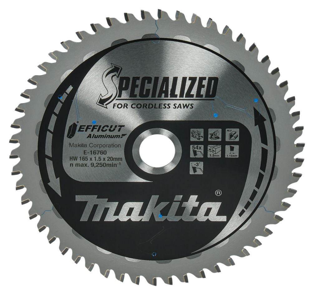 Makita Accessoires E-16760 Specialized Afkort- en cirkelzaagblad Aluminium Efficut 165x20mm 54T -3g