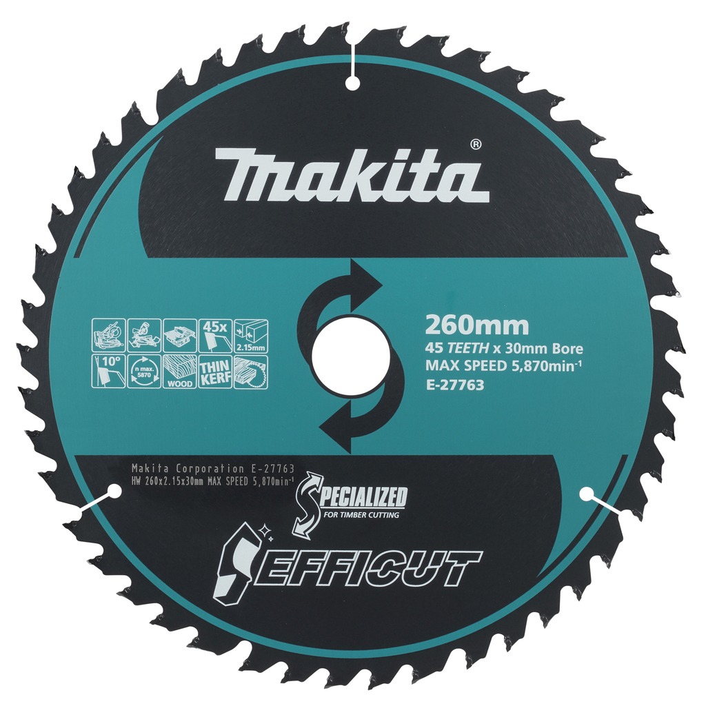 Makita Accessoires E-27763 Efficut Afkort-/ tafelzaagblad Hout 260x30x2,15 45T 10g 