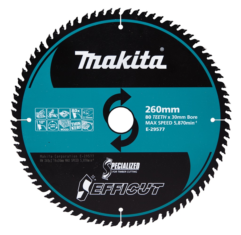 Makita Accessoires E-29577 Efficut Afkort-/ tafelzaagblad Hout 260x30x2,15 80T 10g
