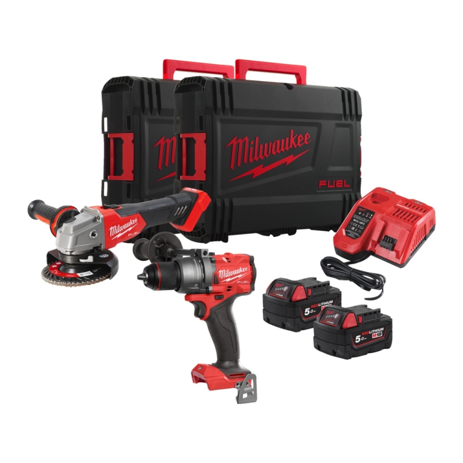 Milwaukee 4933492516 M18 FPP2E3-502X Comboset - M18 FPD3 accuklopboor + M18 FSAG125X accu slijper 18V 5,0Ah Li-Ion in HD Box 4933492516