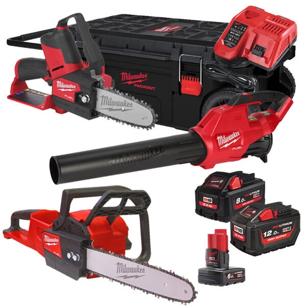 Milwaukee 4933492814 M18 FPP3OPL5-823P Comboset 12V 6Ah/18V 8,0/12Ah Li-Ion - M18 FCHS Kettingzaag + M18 FBL Bladblazer + M12 FHS Snoeizaag 4933492814