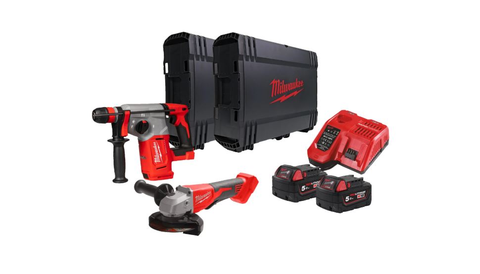Milwaukee 4933498575 M18 BLPP2G-502X Comboset - M18 BLHX accucombihamer + M18 BLSAG125XPD accu slijper 18V 5,0Ah Li-Ion in HD Box