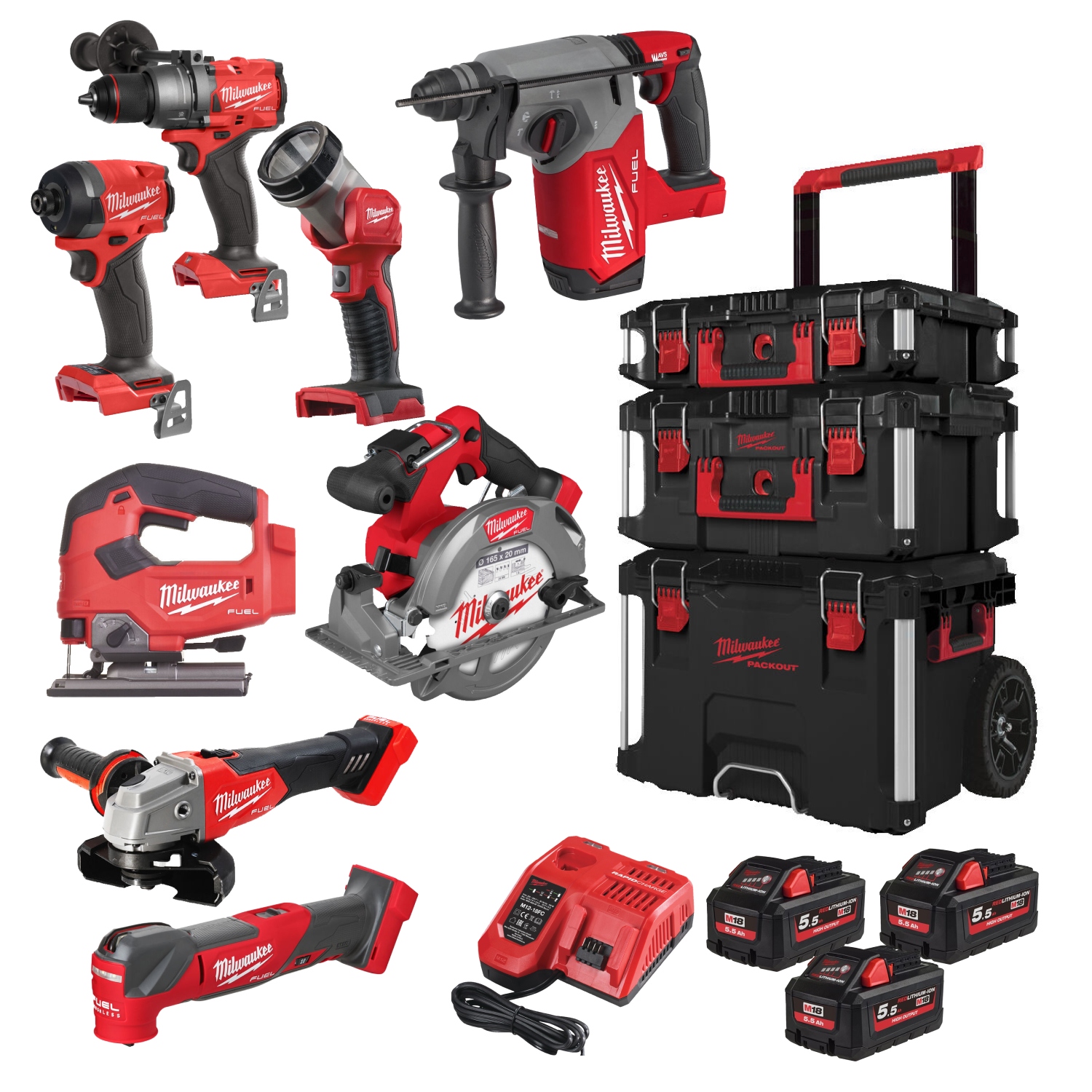 Milwaukee 4933499240 M18 FPP8E-553P M18 FUEL™ Powerpack 8 machines 18V 5.5Ah Li-Ion in PackOut Trolley 4933499240