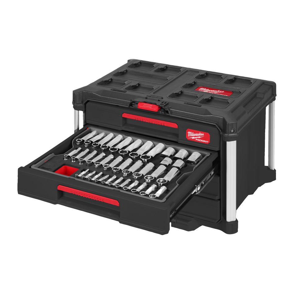 Milwaukee 4932501864 Set met 1/4, 3/8 en 1/2 inch ratels en doppen in PACKOUT 244-delig