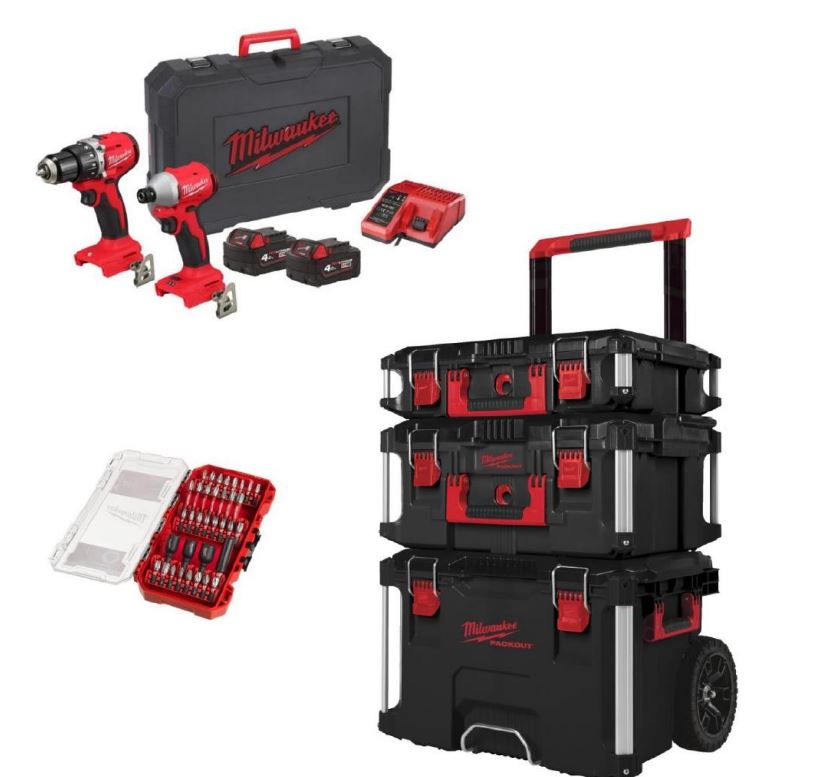Milwaukee BlackFridayComboPack Voordeelset - M18 BLCPP2A-402C + PackOut Trolley Set + Impact Duty bit set