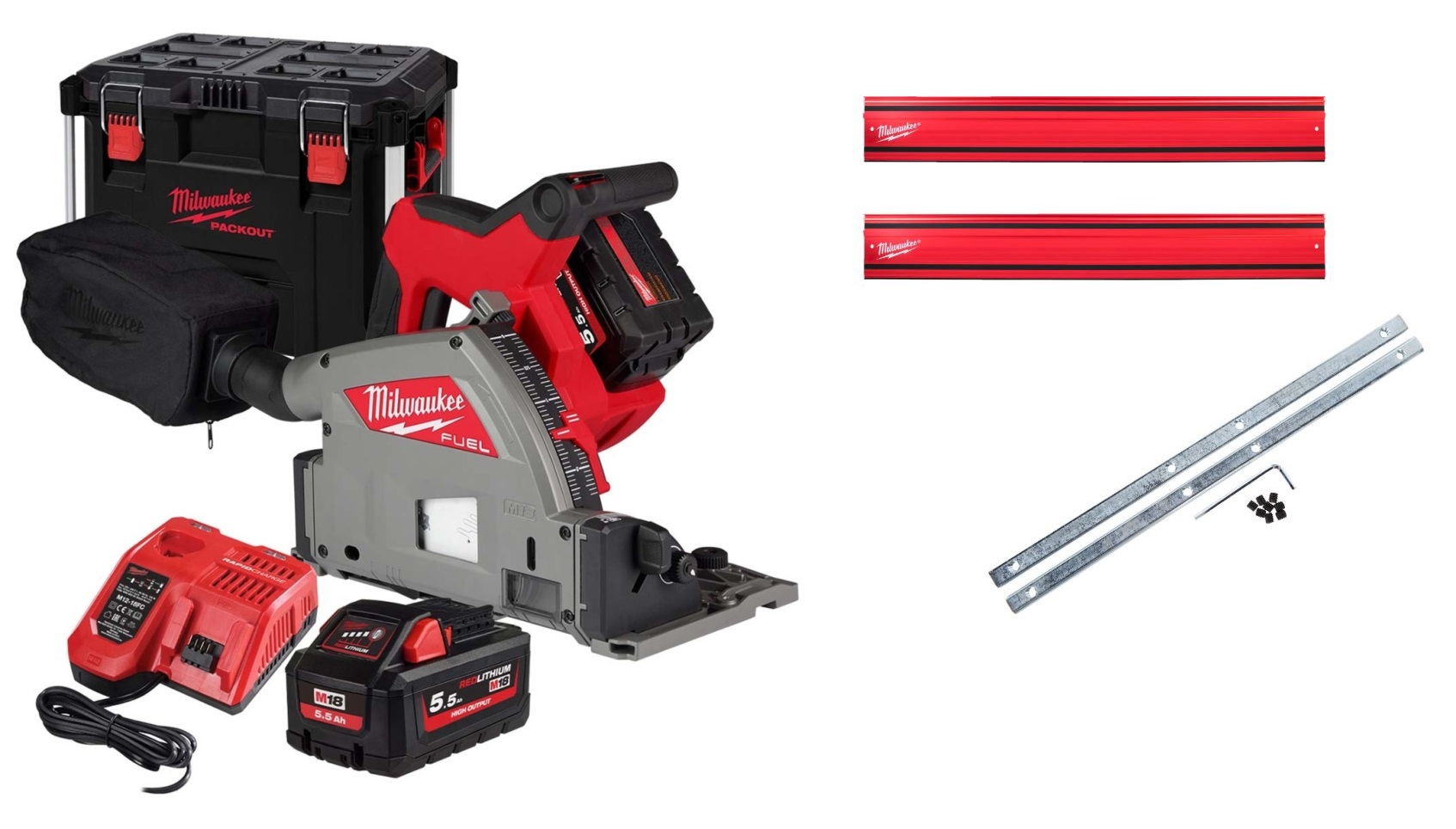 Milwaukee 4933478778+4932480906 M18 Accu-Invalzaag 55mm + Geleiderailset 2x 5.5Ah accu en snellader in PACKOUT XL koffer