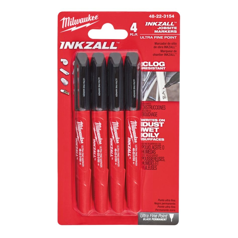 Milwaukee Accessoires 48223154 INKZALL™ Fijne Punt Markers Zwart - 4 stuks