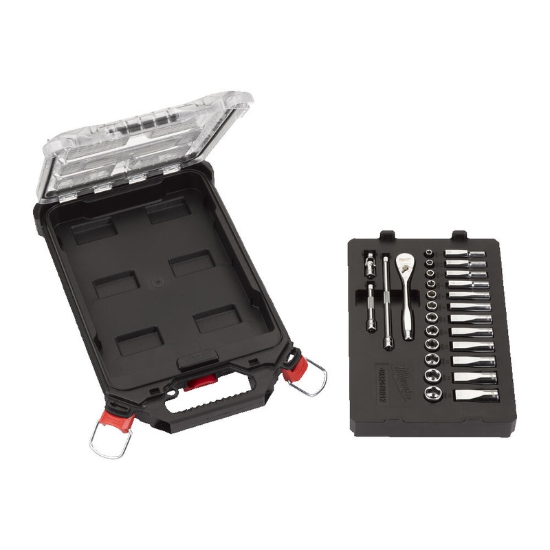 Milwaukee Accessoires 4932478812 Metrische 1/4˝ ratel + doppen set (28-delig) in PACKOUT™ compact slim organiser