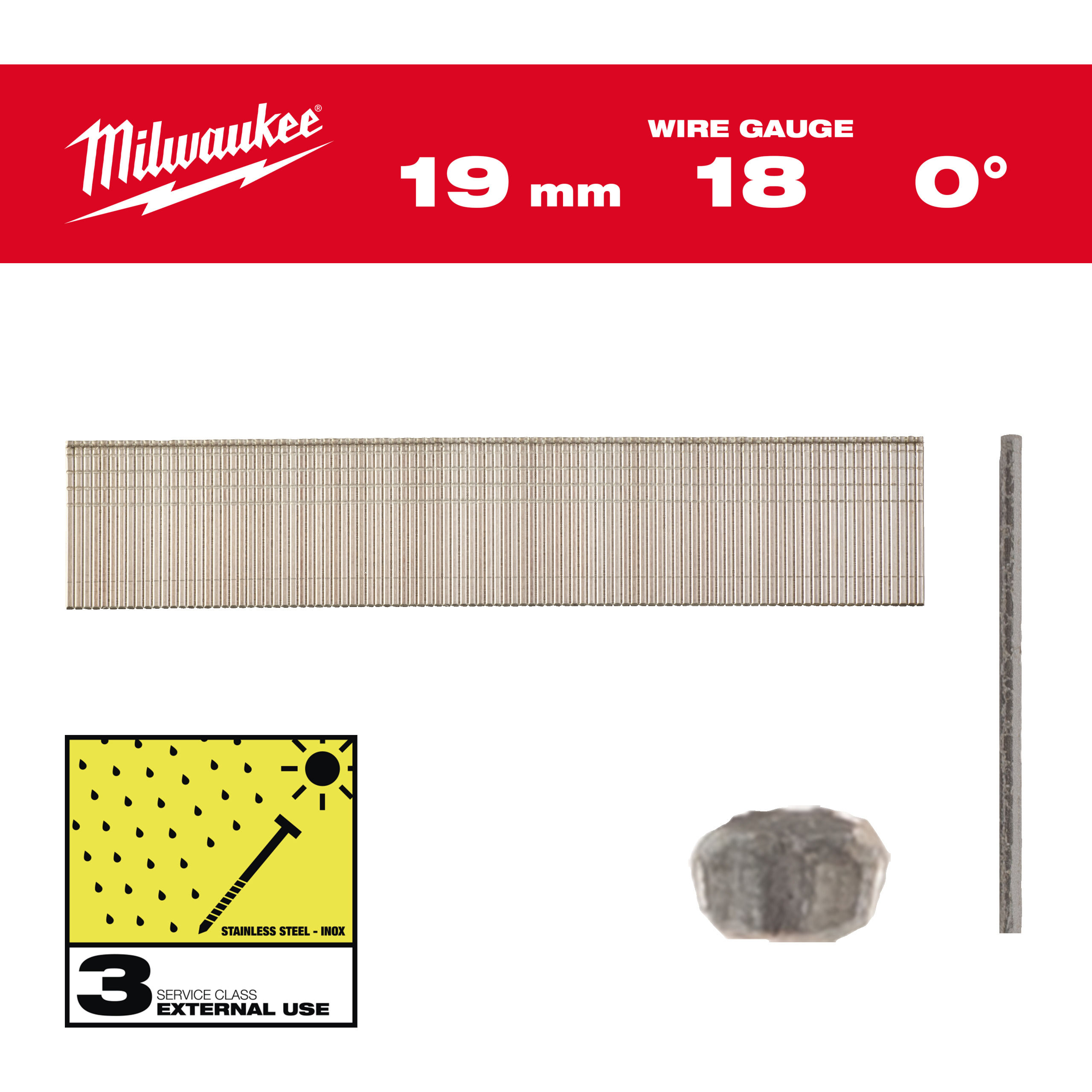 Milwaukee Accessoires 4932492558 Brad spijkers, 18 gauge, dunne kop Inox 18G / 19 mm / SC3 - 10.000 pc