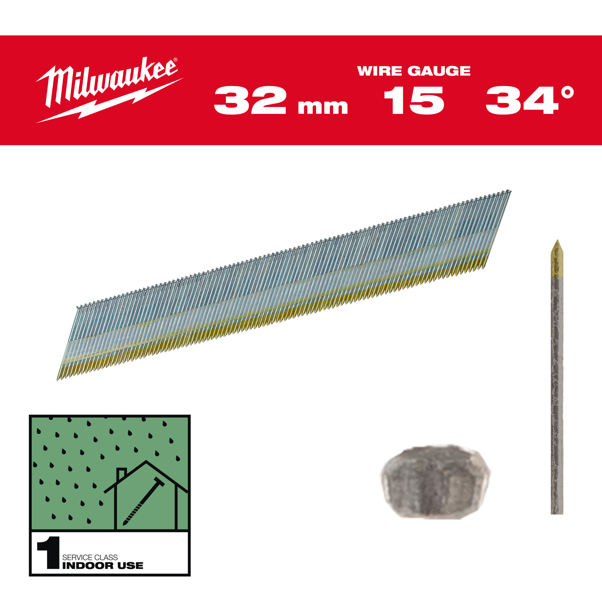 Milwaukee Accessoires 4932492574 Afwerkspijkers, 15 gauge, 34°, D Head 15G / 34° / 32 mm / G / SC1 - 4.000 pc