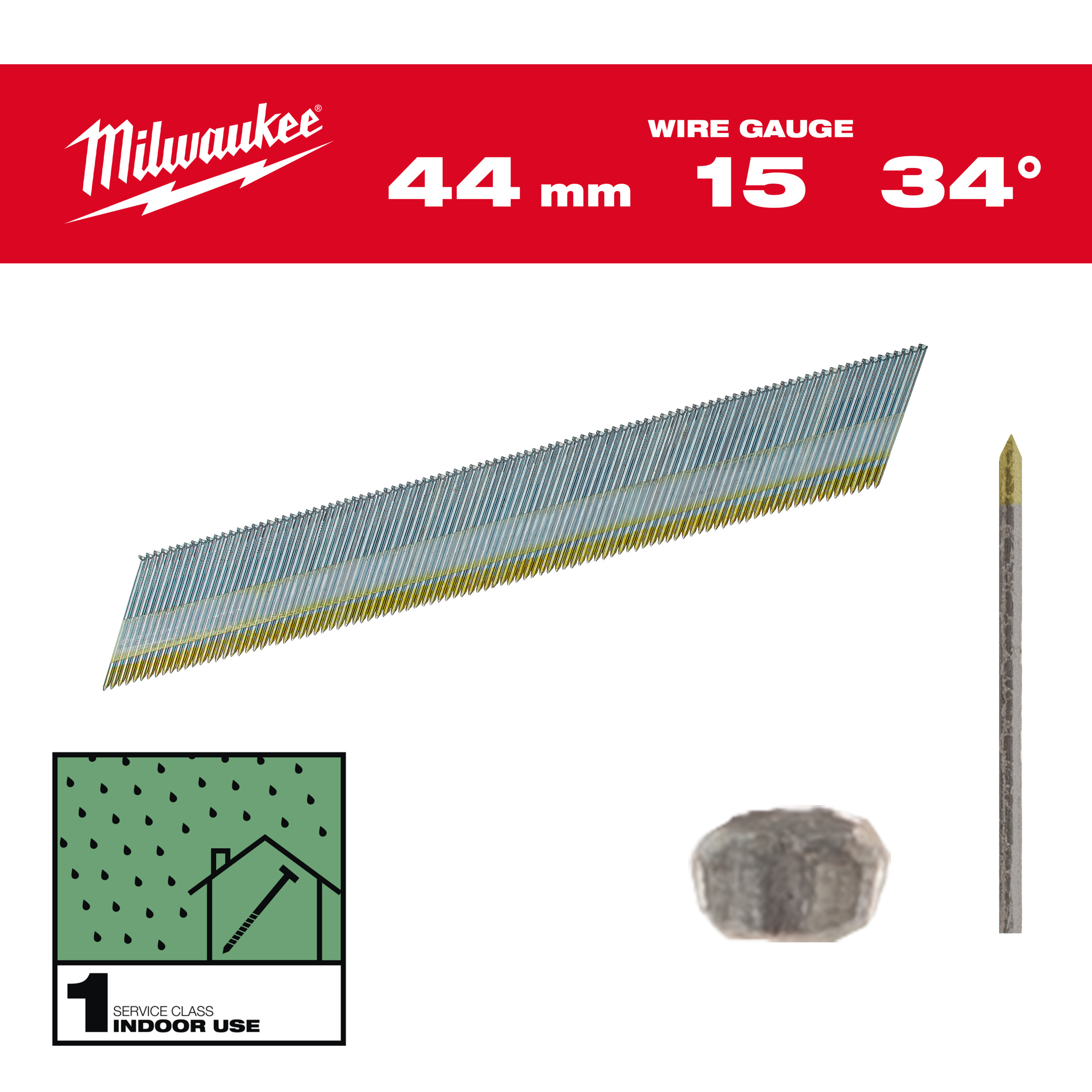 Milwaukee Accessoires 4932492576 Afwerkspijkers, 15 gauge, 34°, D Head 15G / 34° / 44 mm / G / SC1 - 2.500 pc