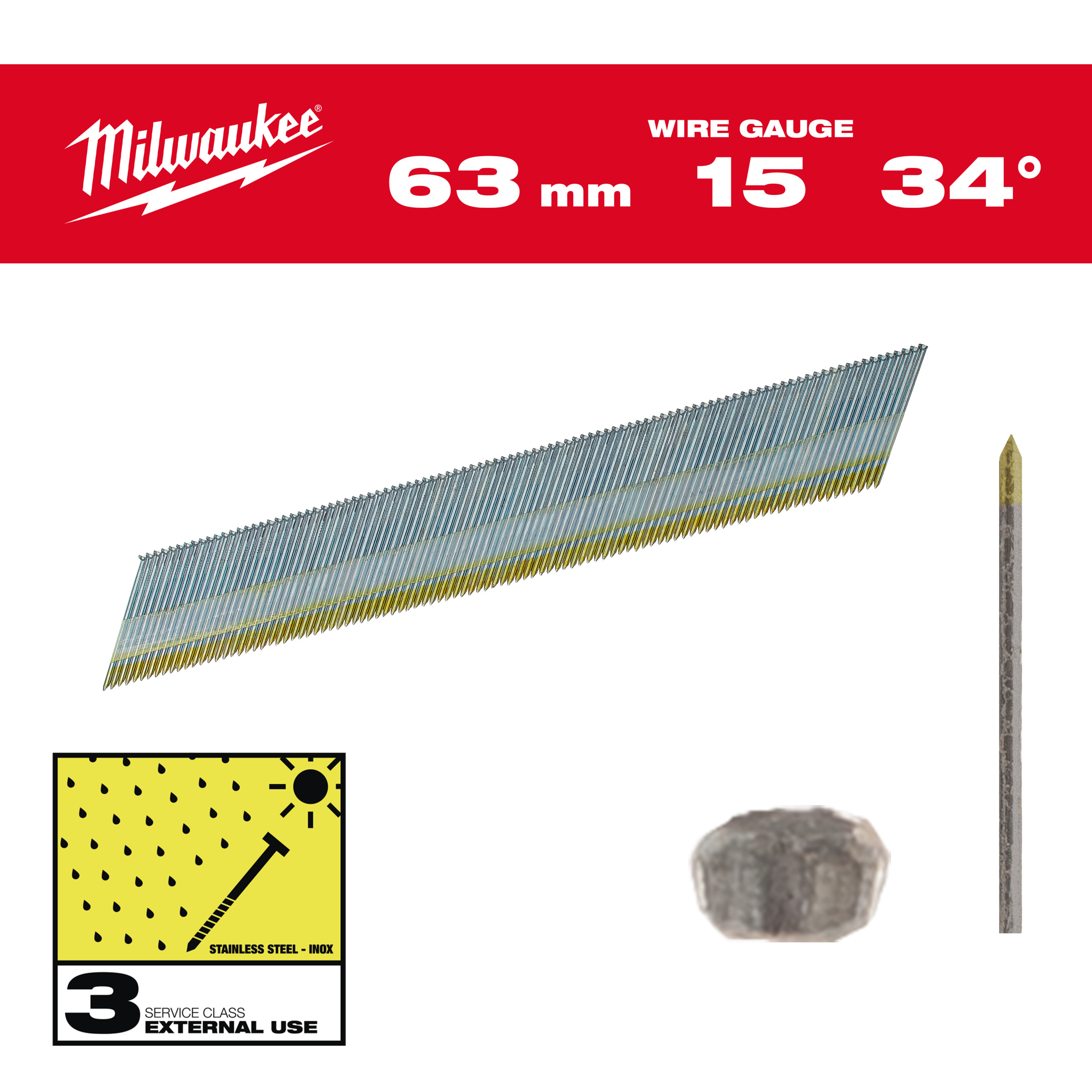 Milwaukee Accessoires 4932492581 Afwerkspijkers, D Head Inox 15G / 34° / 63 mm / SC3 - 2.200 pc