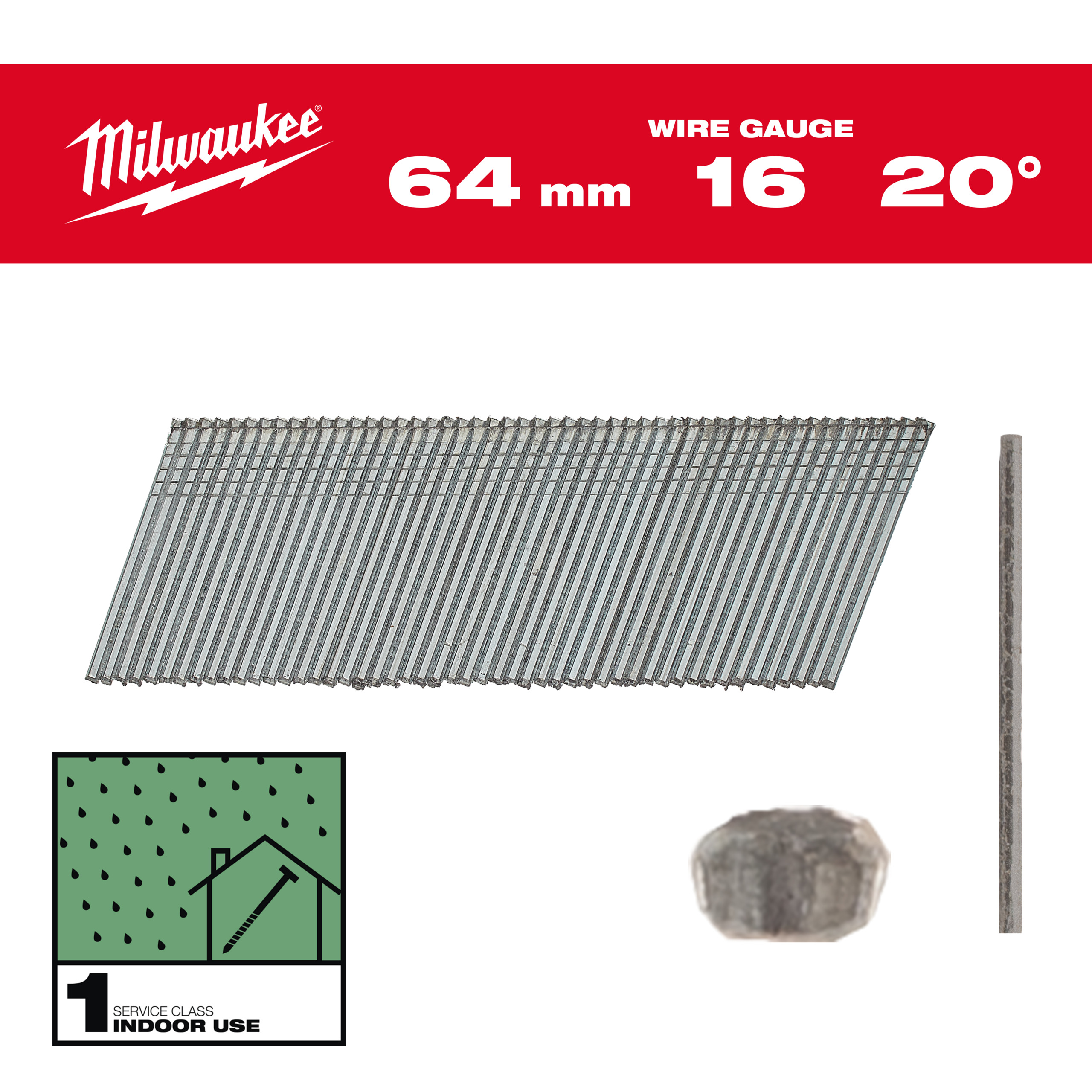 Milwaukee Accessoires 4932492586 Afwerkspijkers, 16 gauge, 20°, dunne kop 16G / 20° / 64 mm / G / SC1 - 2.000 pc