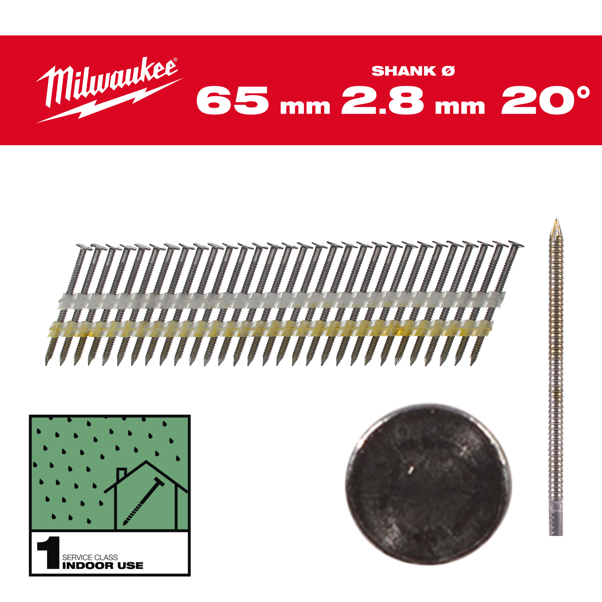 Milwaukee Accessoires 4932492587 Draadnagels, 20°, ronde kop 65 mm / RS / B / SC1 - 2.000 pc
