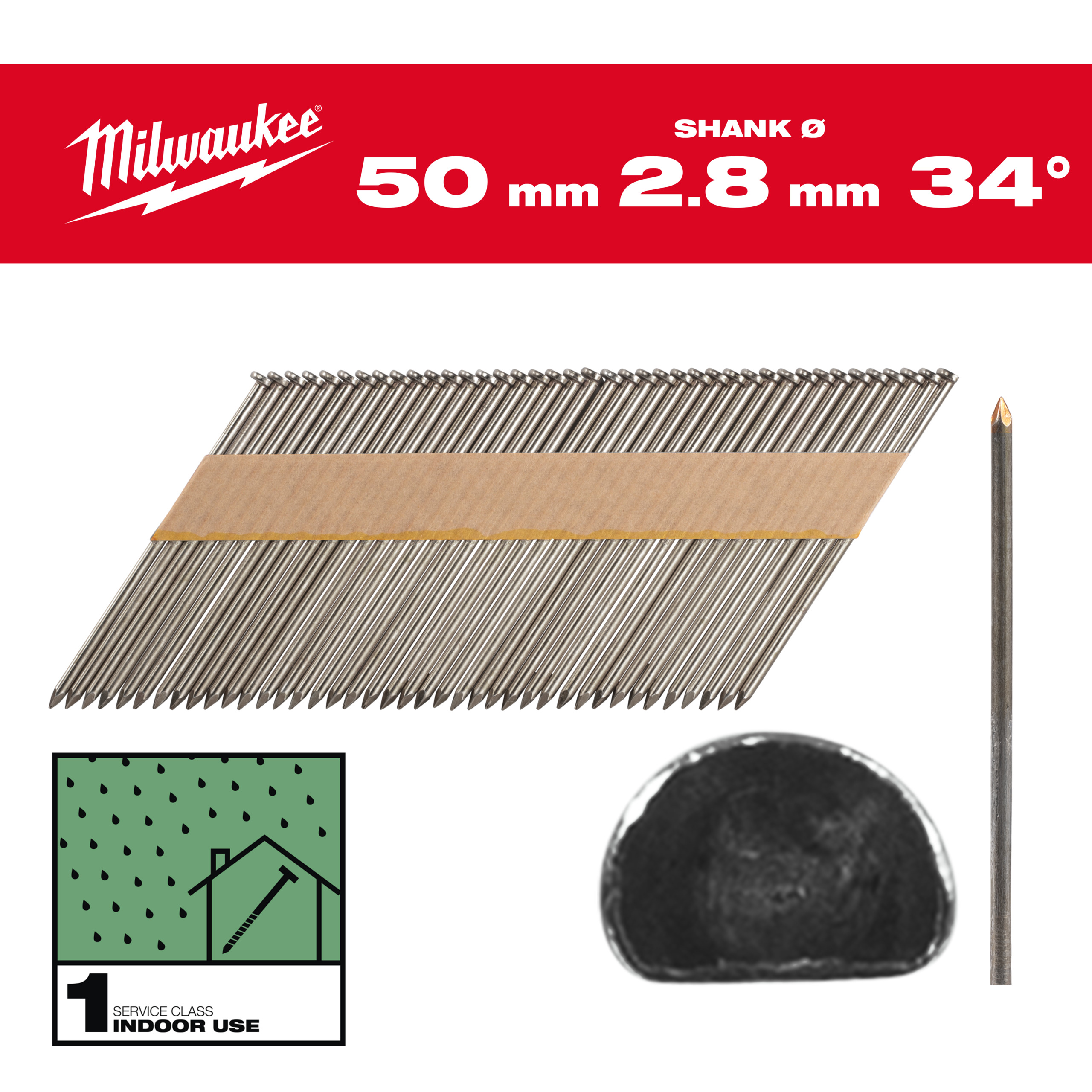 Milwaukee Accessoires 4932492595 Draadnagels, 34°, D-kop 50 mm / SS / B / SC1 - 2.200 pc