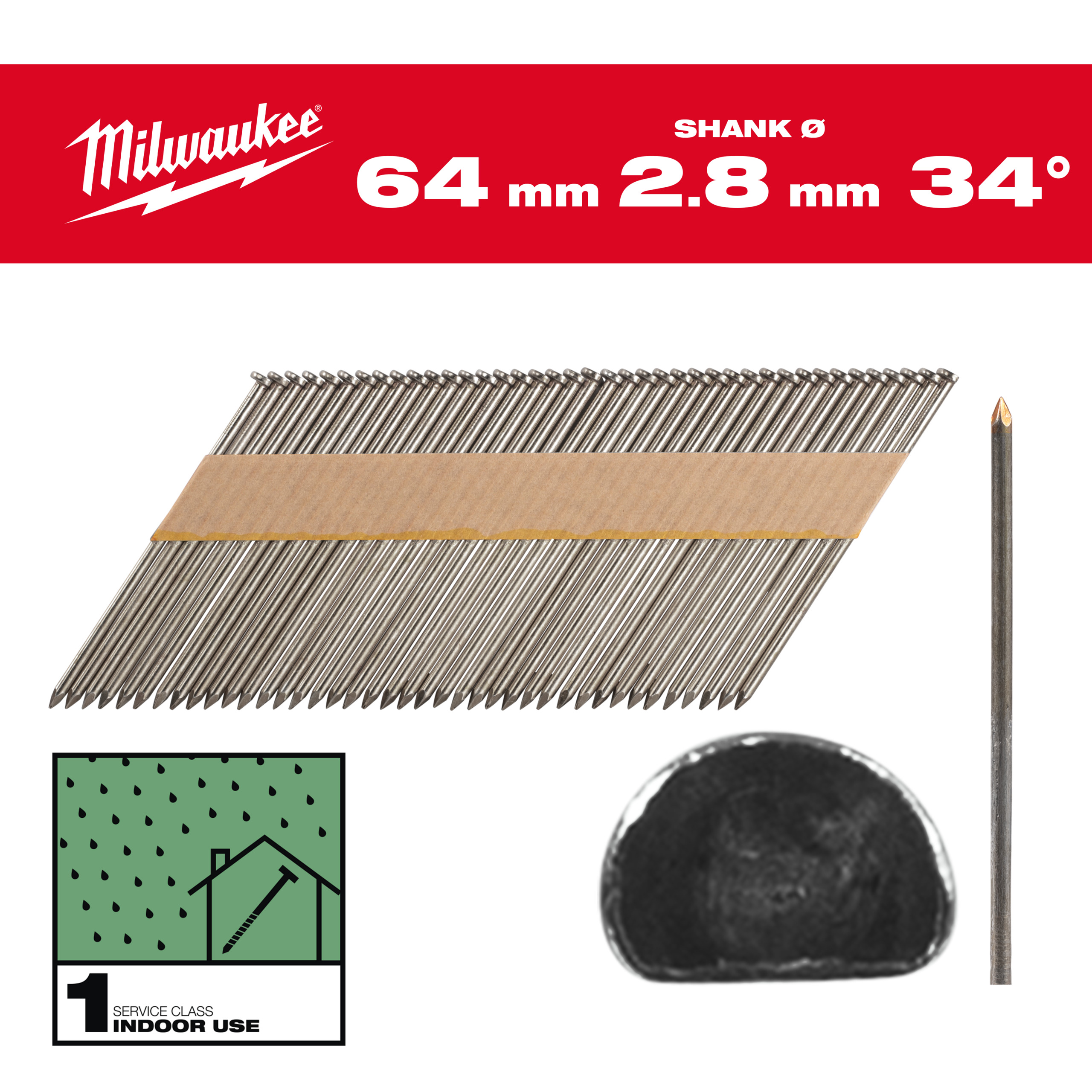 Milwaukee Accessoires 4932492596 Draadnagels, 34°, D-kop 64 mm / SS / B / SC1 - 2.200 pc