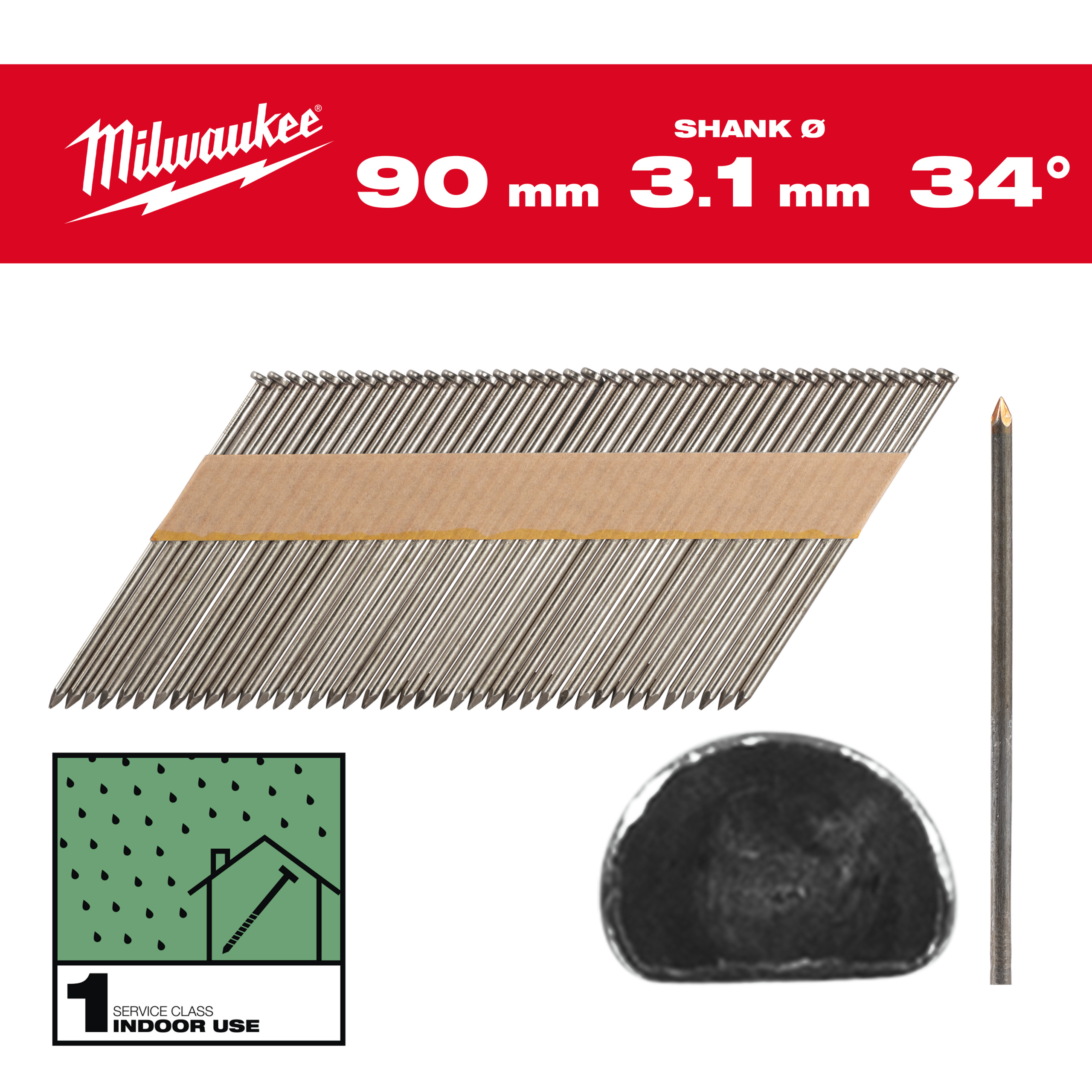 Milwaukee Accessoires 4932492598 Draadnagels, 34°, D-kop 90 mm / SS / B / SC1 - 2.200 pc