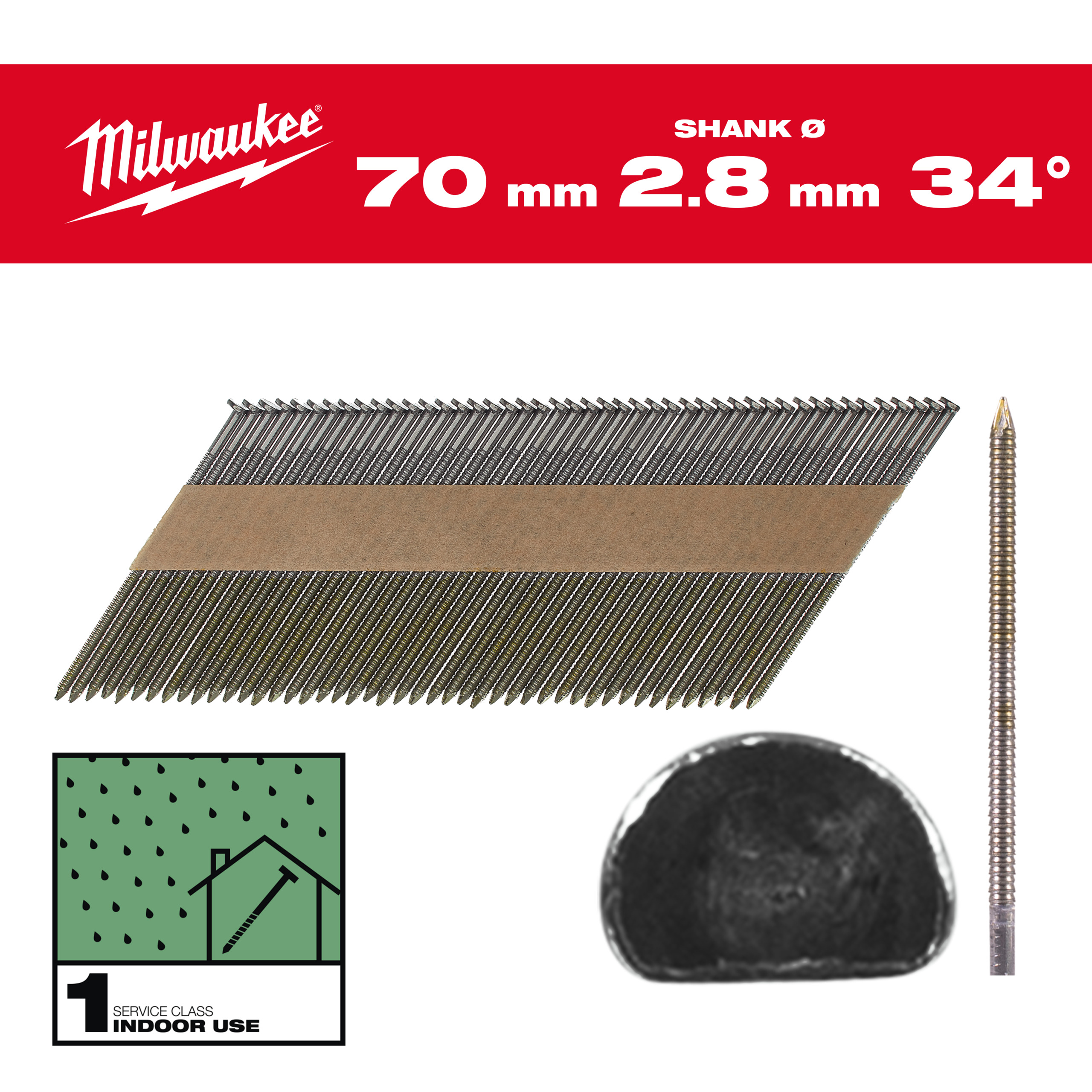Milwaukee Accessoires 4932492601 Draadnagels, 34°, D-kop 70 mm / RS / B / SC1 - 2.200 pc