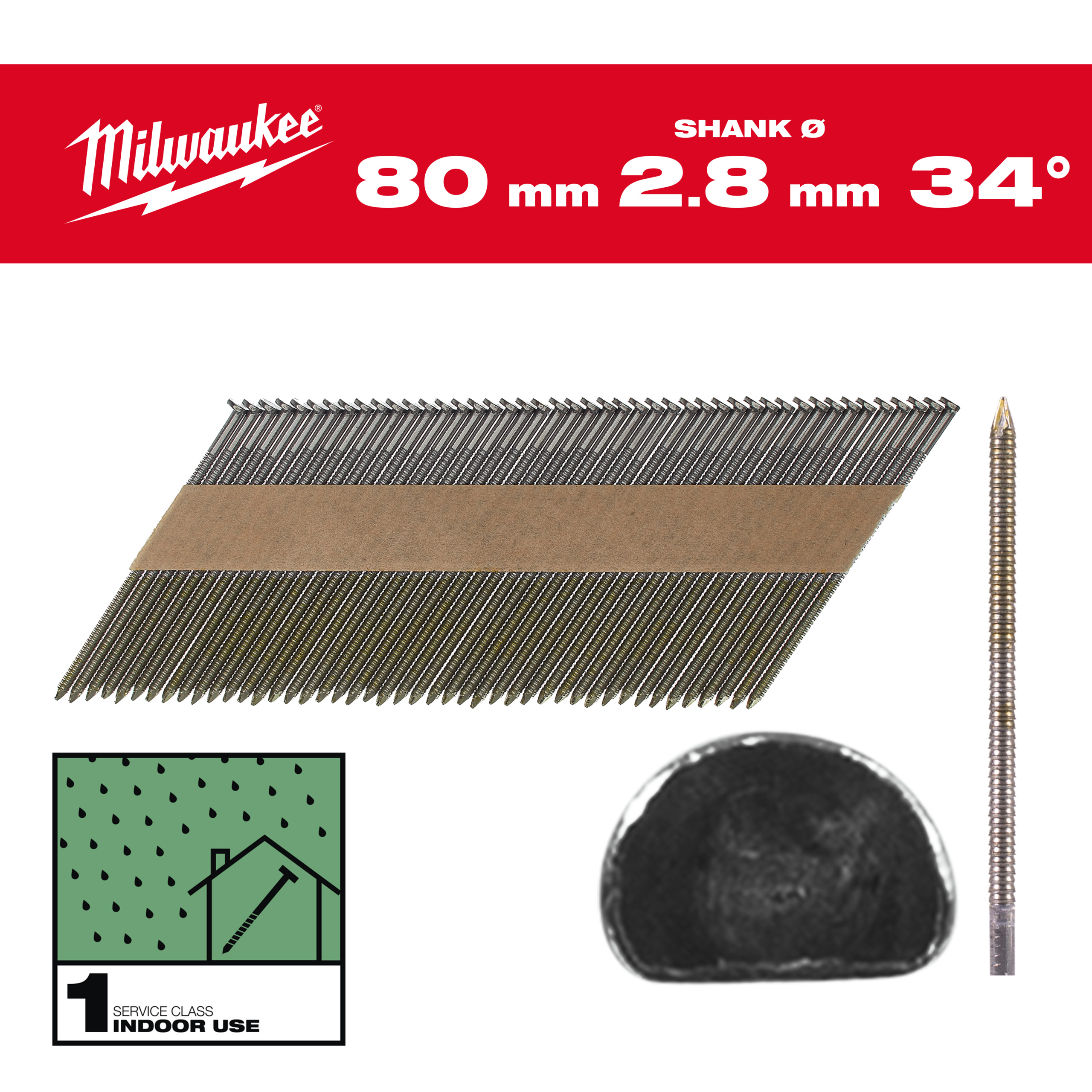 Milwaukee Accessoires 4932492603 Draadnagels, 34°, D-kop 80 mm / RS / B / SC1 - 2.200 pc