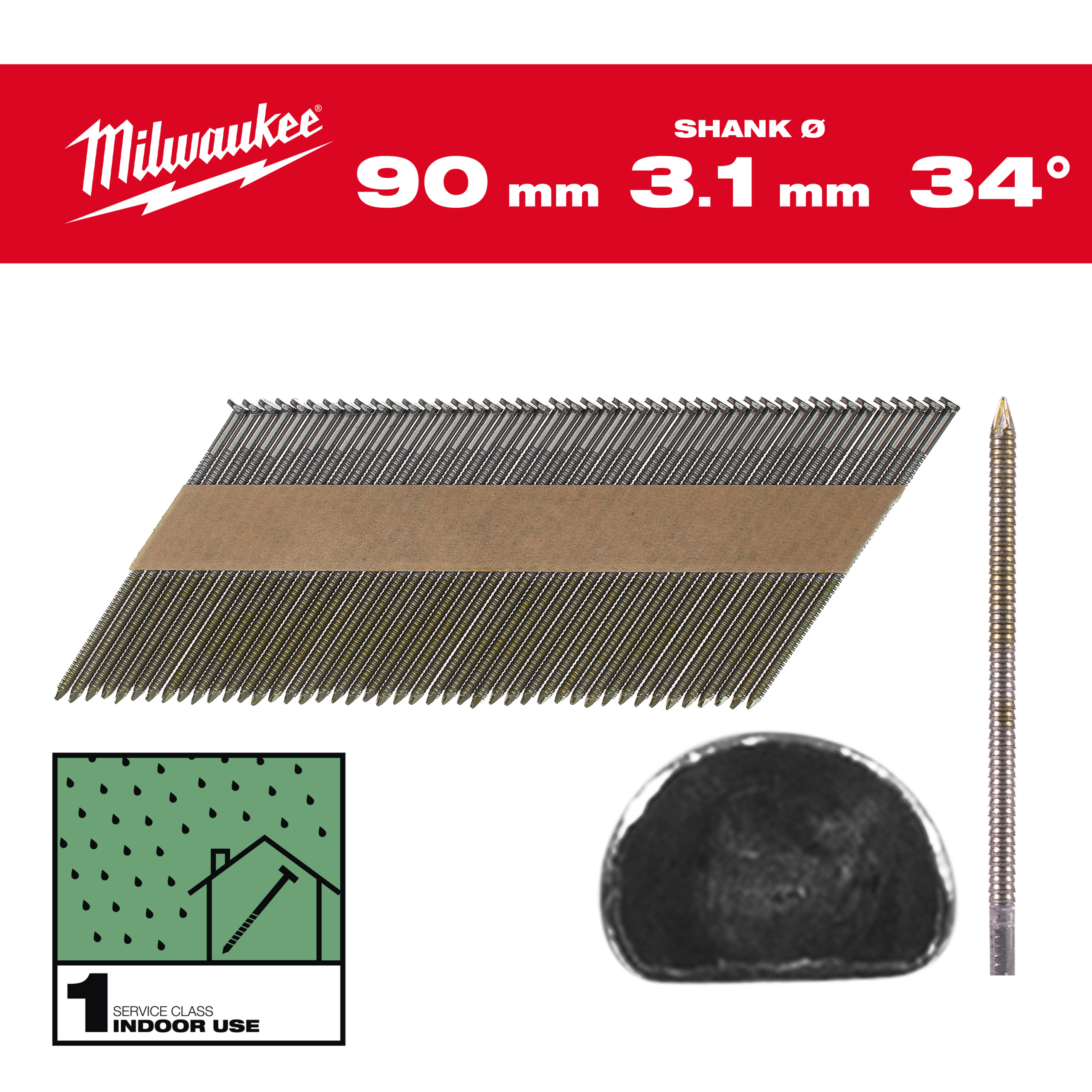 Milwaukee Accessoires 4932492604 Draadnagels, 34°, D-kop 90 mm / RS / B / SC1 - 2.200 pc