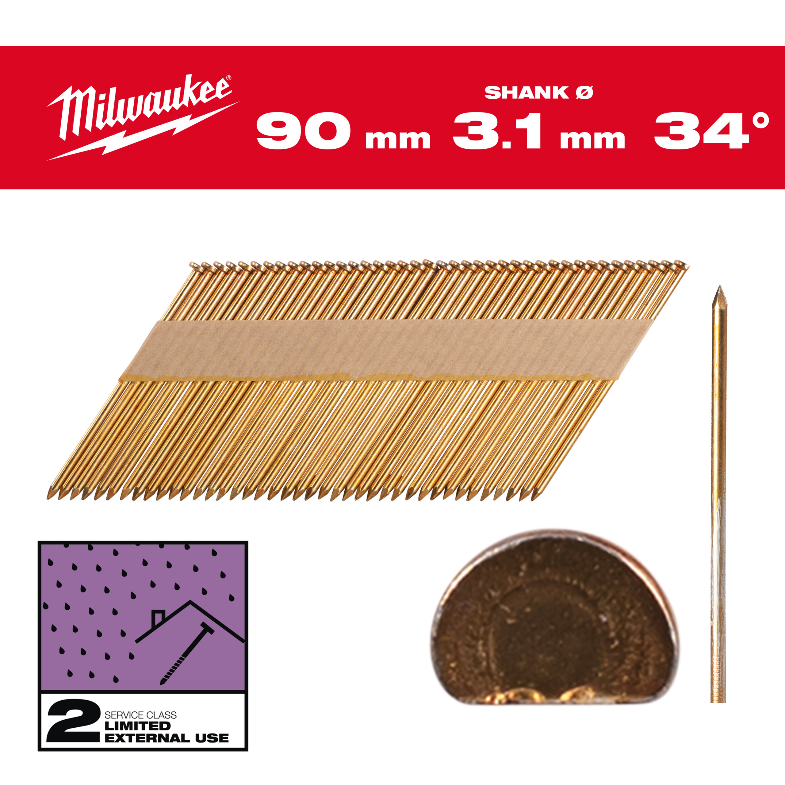 Milwaukee Accessoires 4932492605 Draadnagels, 34°, D-kop 90 mm / SS / G / SC2 - 2.200 pc