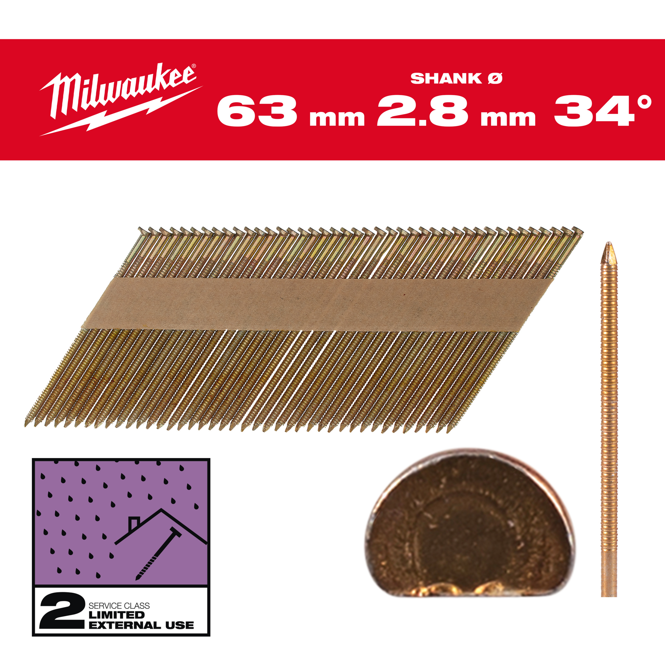 Milwaukee Accessoires 4932492607 Draadnagels, 34°, D-kop 63 x 2.8 mm / RS / G / SC2 - 2.200 pc