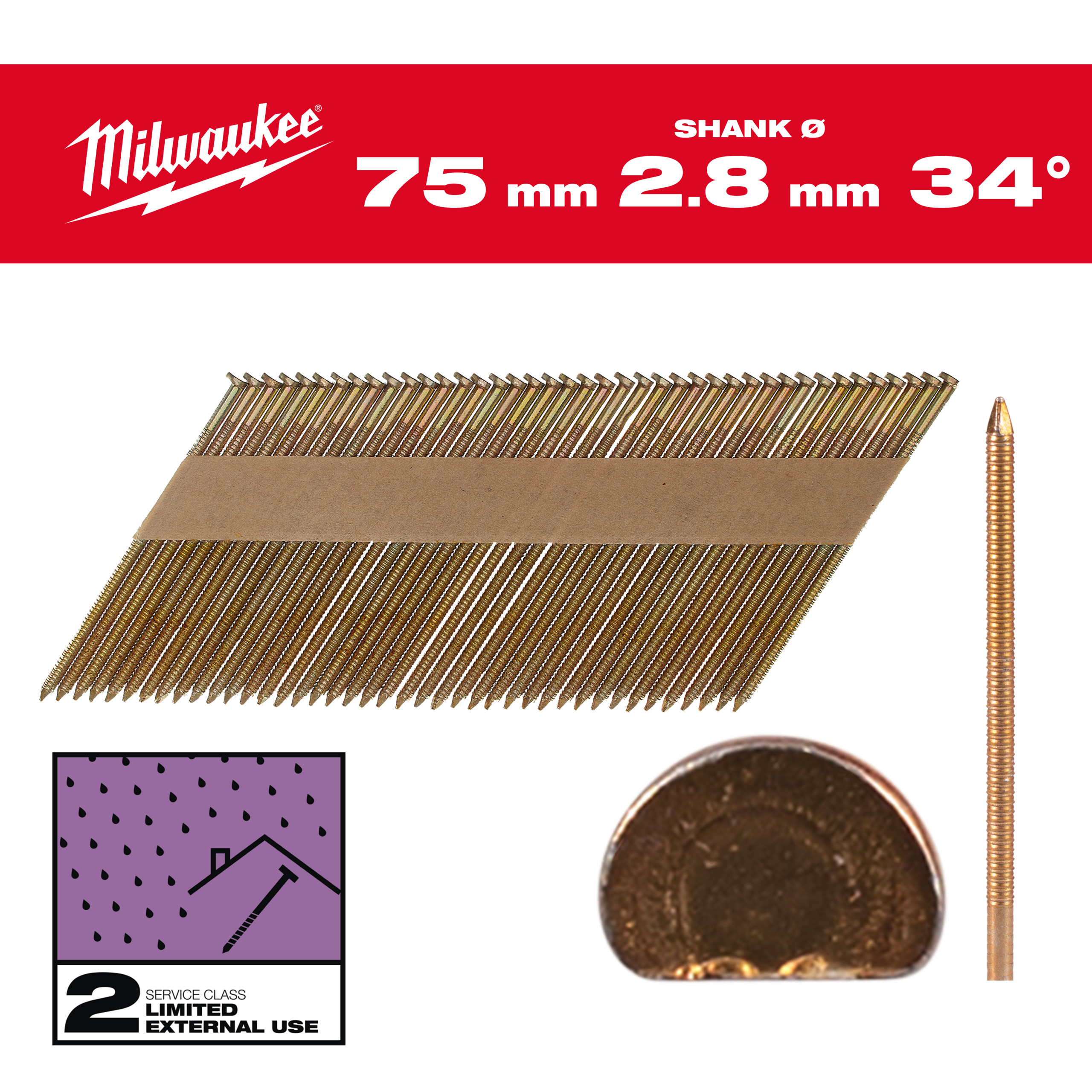 Milwaukee Accessoires 4932492608 Draadnagels, 34°, D-kop 75 x 2.8 mm / RS / G / SC2 - 2.200 pc