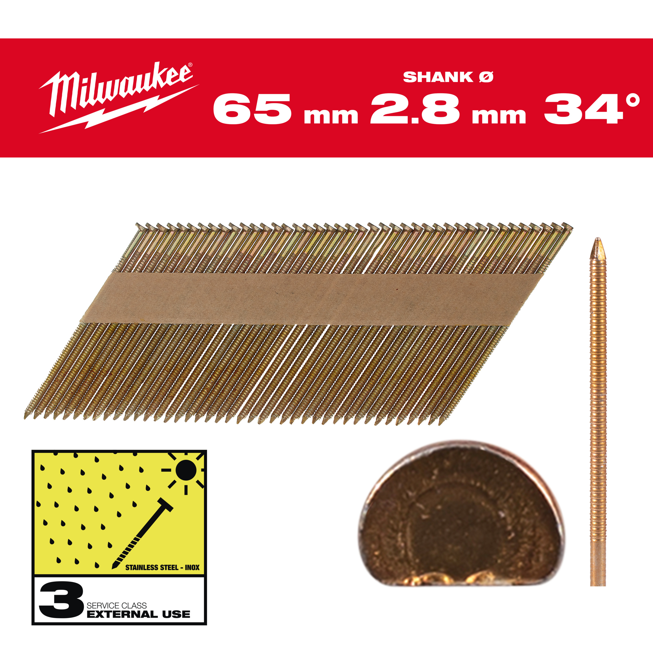 Milwaukee Accessoires 4932492614 Draadnagels, 34°, D-kop 63 mm / RS / HDG / SC3 - 2.200 pc
