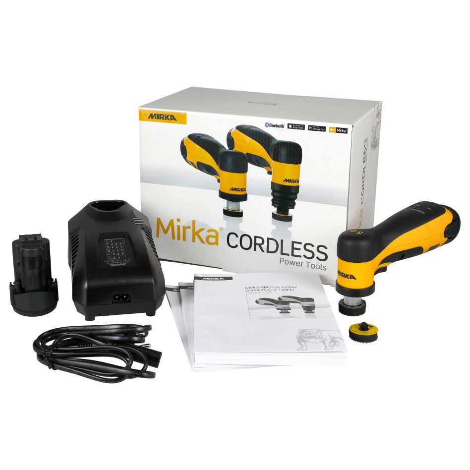 Mirka 8991150312 AROS-B 150 Excentrische Accu Spotrepairschuurmachine 32mm uitslag 5,0 2x 12V 2.5Ah accu en lader in doos 