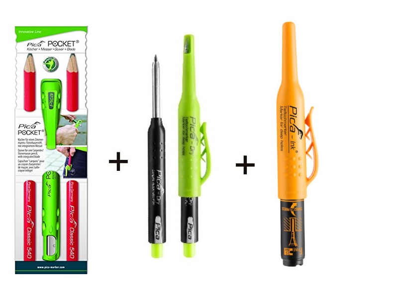 Pica PICASET SET - Pocket 505/01 2 potloden met slijper + 3030 Dry markeerpotlood + 150/46 markeerstift voor diepe gaten