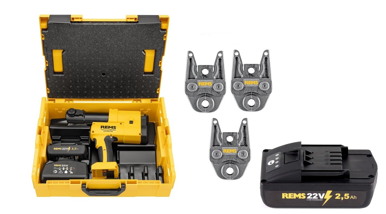 Rems 576049 R220 Akku-Press 22V ACC Connected SET RFz 16+20+25 Accuradiaalpersmachine 22V 2 x 2,5Ah in L-Boxx