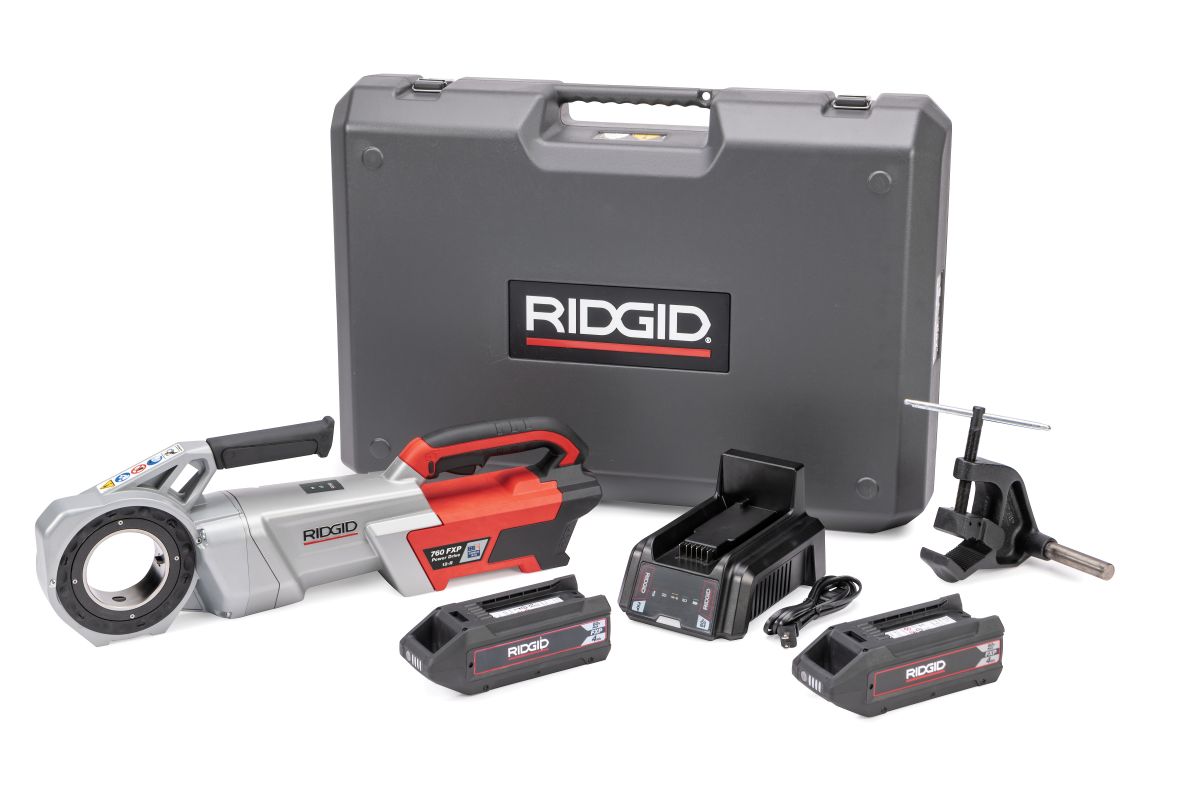 Ridgid 72073 760 FXP Electrische Draadsnijmachine (12-R) met steunarm 2x 4Ah accu's en lader in koffer