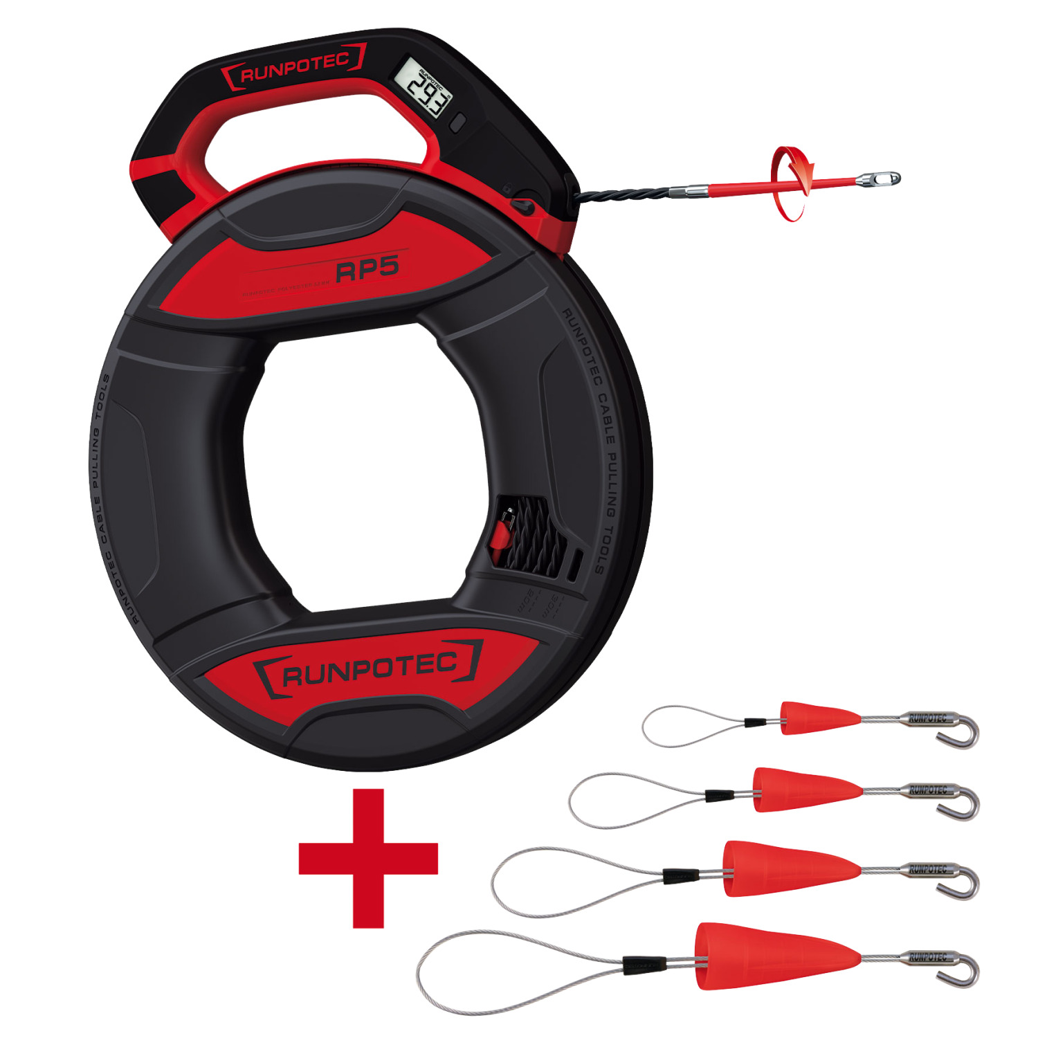 Runpotec 90011153 RUNPO 5 Kabeltrekset 30m met ge&iuml;ntegreerde lengtemeter + RUNPO Kabeltreklussenset met haak 4-delig