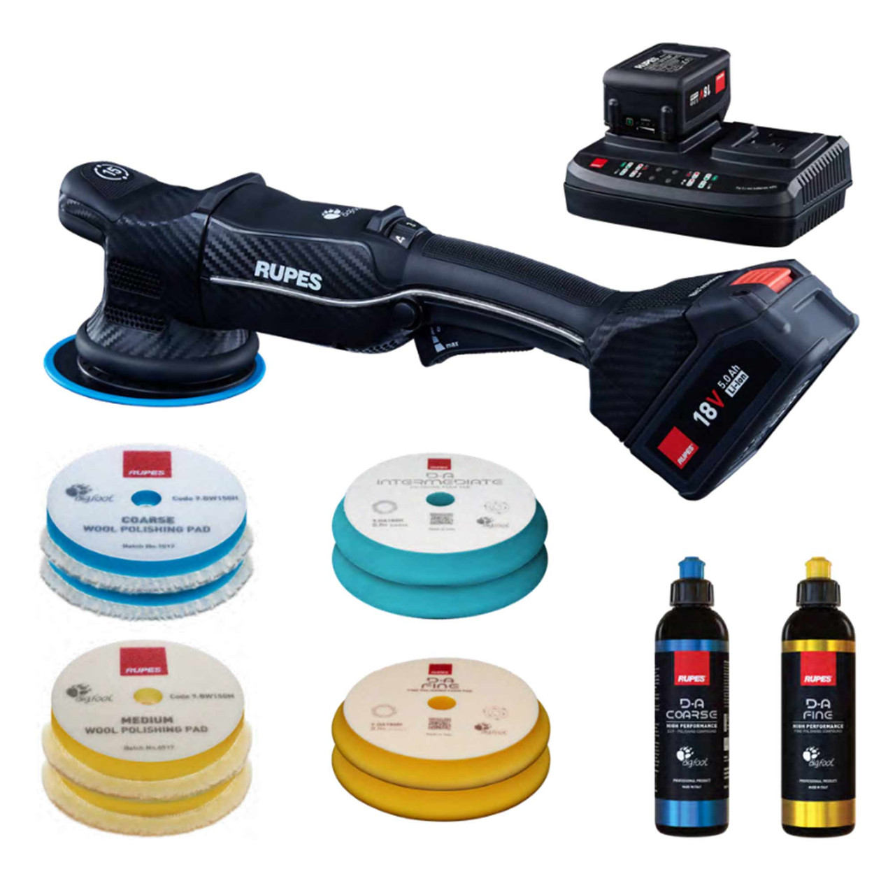 Rupes RU-HLR15/CB2/BAS iBrid Bigfoot Excentrische Polijstmachine Set 125mm 18V 5.0Ah Li-Ion