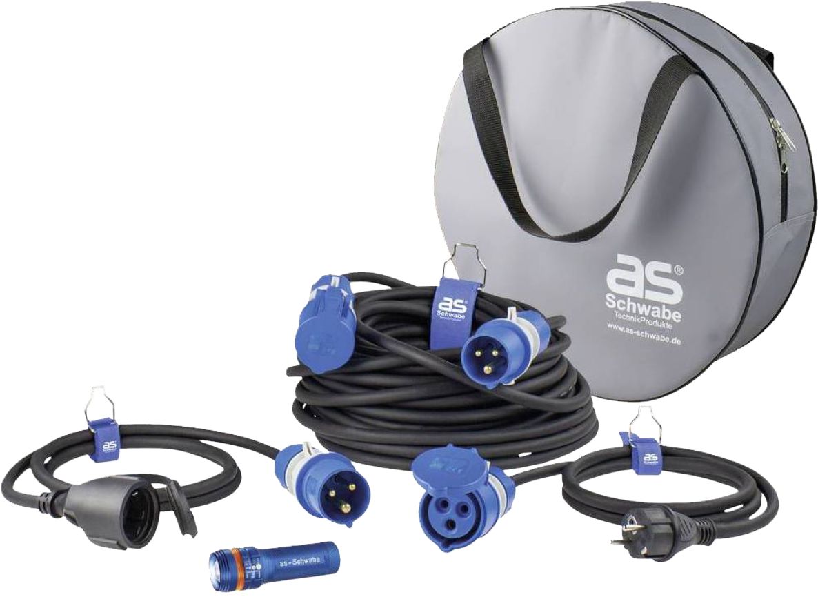 Schwabe 19705 Camping Set: Powerlight Verlengkabel H07RN-F 3G2,5 25m + verloopkabels + zaklamp