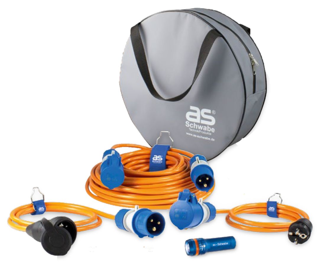 Schwabe 19706 Camping Set: Powerlight Verlengkabel H07BQ-F 3G2,5 25m + verloopkabels + zaklamp