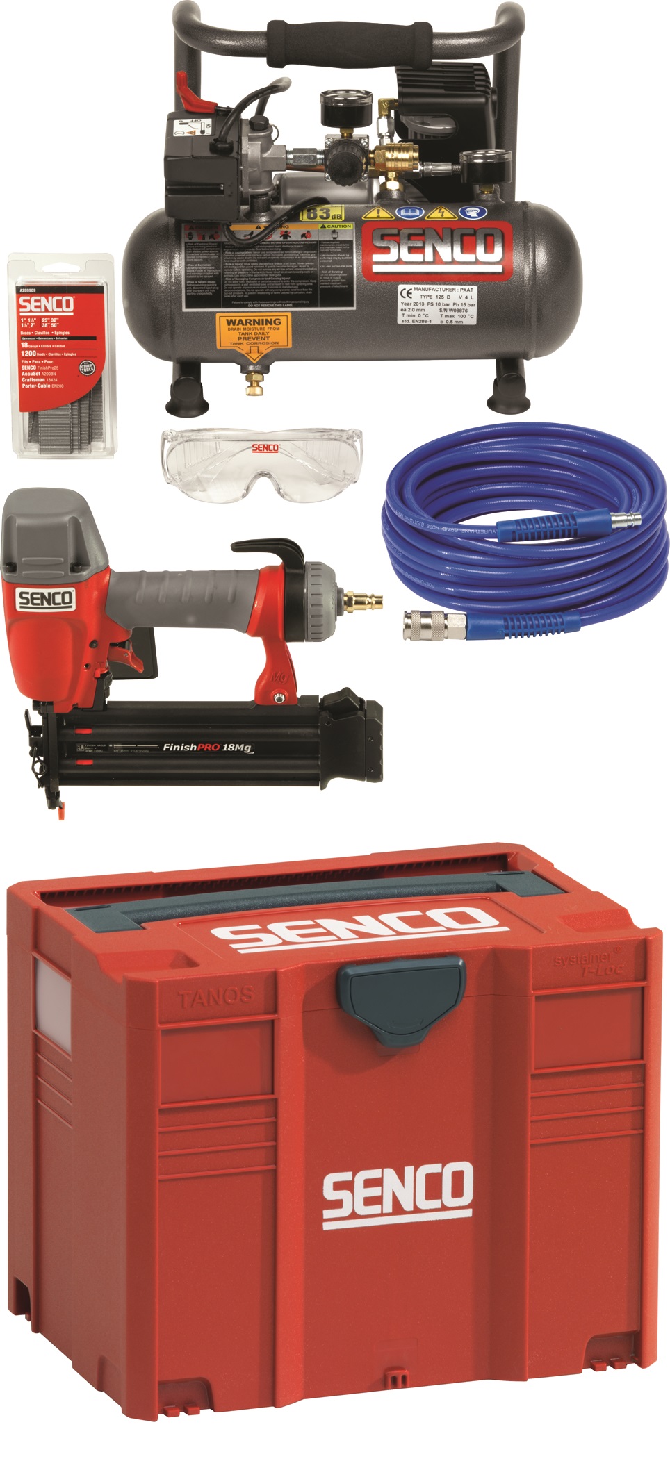 Senco PC0964EUPS -Compressor PC 1010 + Bradnailer Finishpro 18 MG in systainer + 5mtr slang + brads