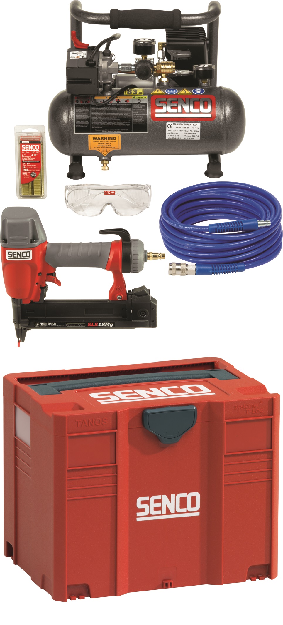 Senco PC0972EUPS -Set compressor PC 1010 + Nietmachine SLS 18 MG in systainer + 5mtr PU slang + nieten
