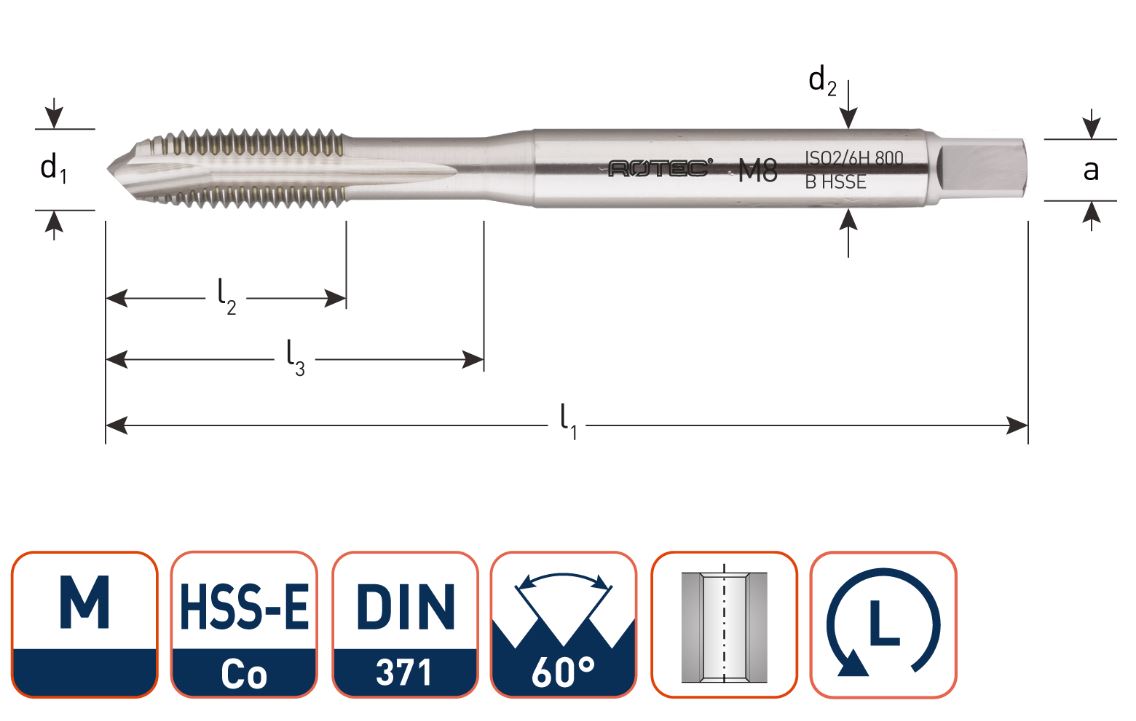 Rotec 330.1000L HSS-E 800 machinetap DL DIN 371B M10x1,5 Links