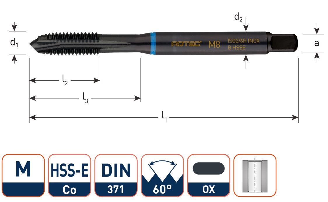 Rotec 331.0800 HSS-E INOX machinetap DL DIN 371B M 8x1,25 VAP