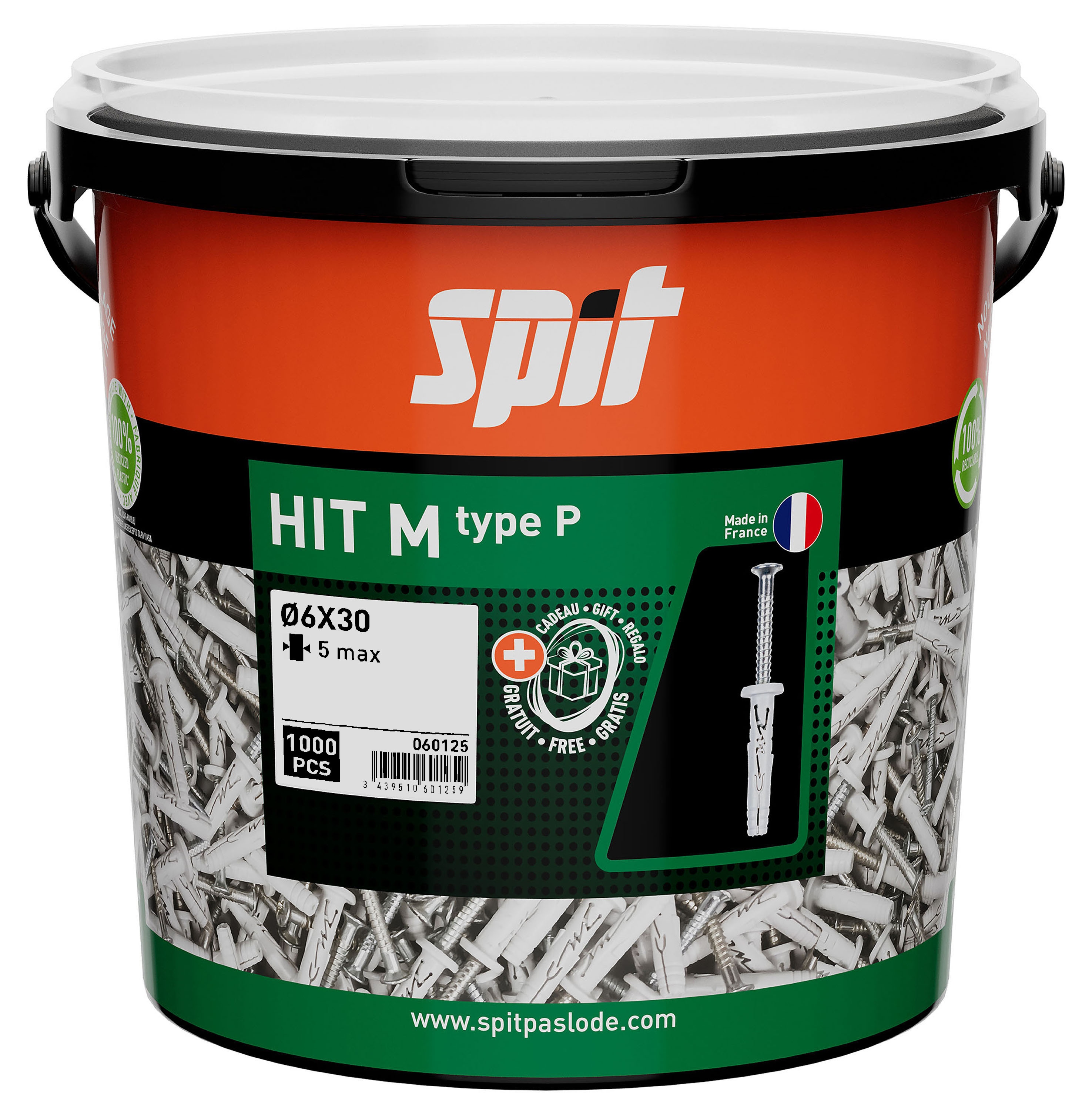 Spit Bevestiging 060125 Hit-M 6 x 30/5 P Slagplug met kraag + schroef 1000 stuks