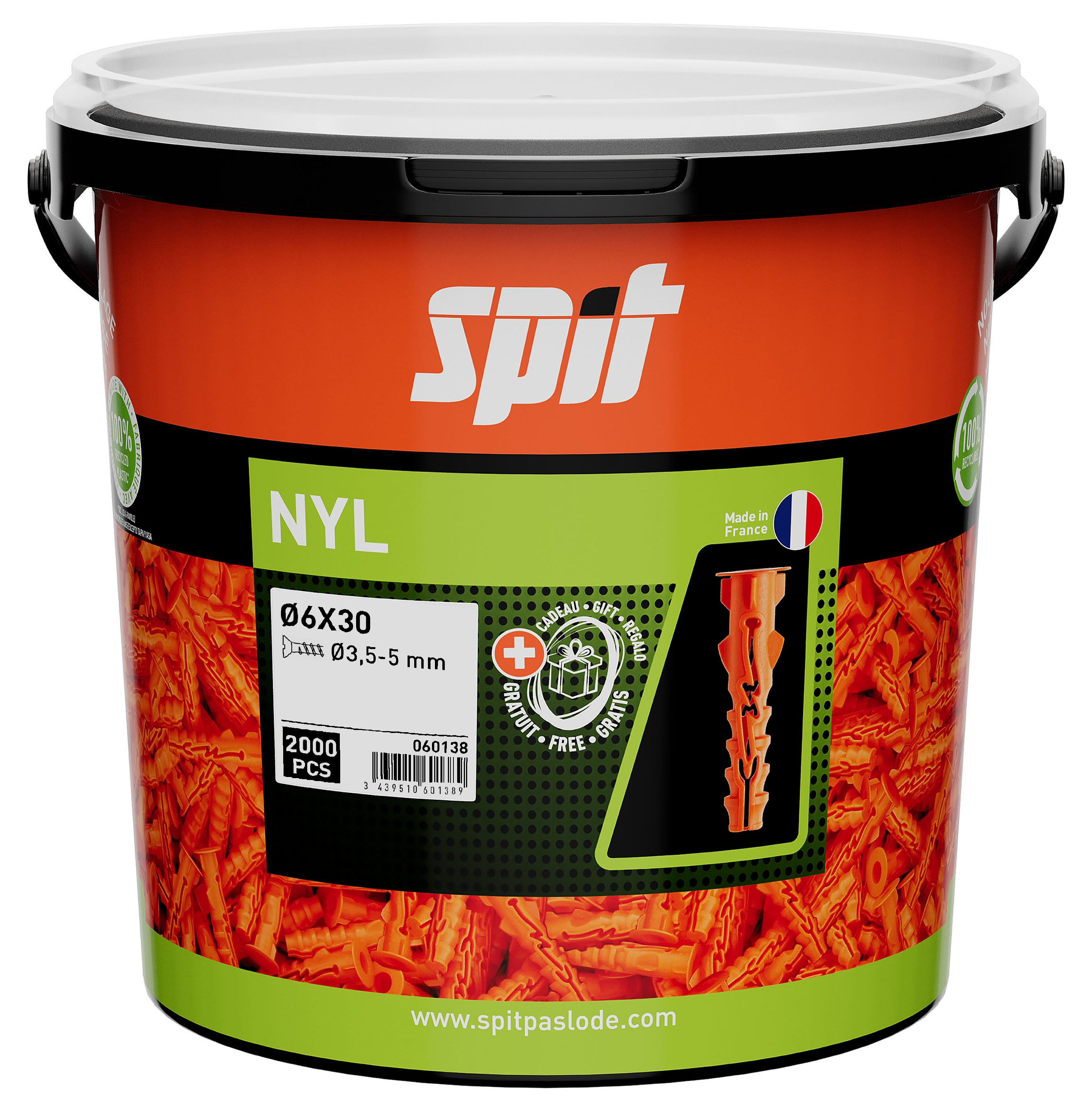 Spit Bevestiging 060138 NYL 6 x 30 Nylon Plug met kraag 2000 stuks