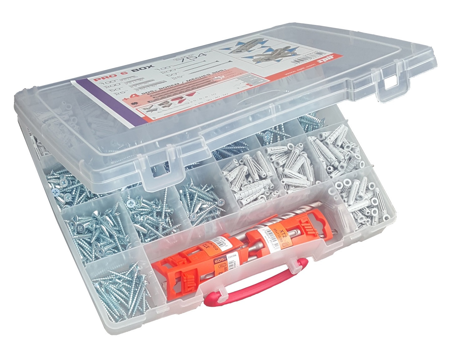 Spit Bevestiging 568635 754-delige PRO 6 Box pluggen met schroef en boren
