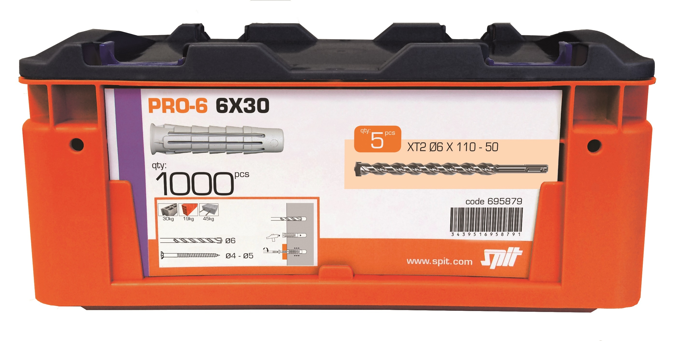Spit Bevestiging 695879 PRO6 6 x 30 Universele Plug 1000 stuks + 5 boren in koffer