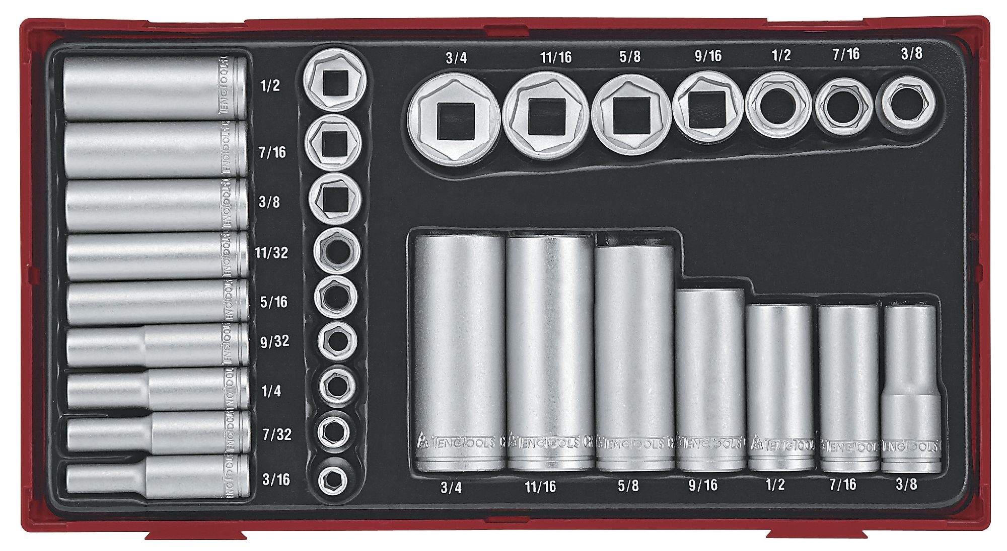 Teng Tools 68610104 TTAF32 Doppenset kort lang TT1 tray 1/4" van 3/16" tot 1/2" 3/8" van 3/8" tot 3/4" AF 32 delig 6 kant
