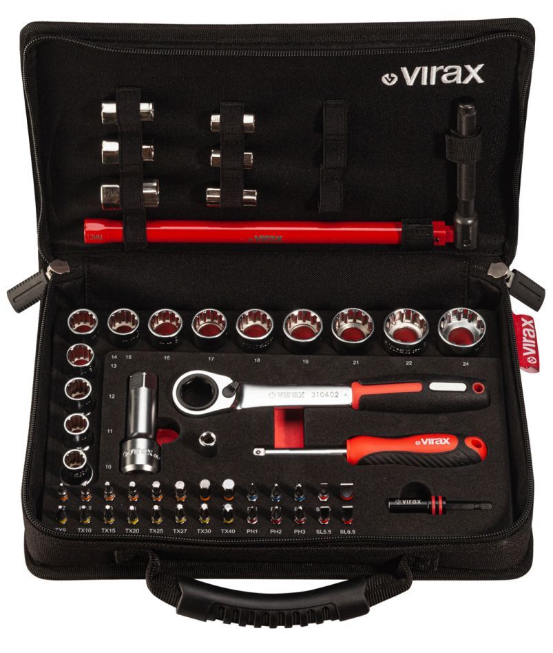 VIRAX 310410 51-Delige koffer - Kraanmoersleutel, doppen met twee openingen, bits 1/4"